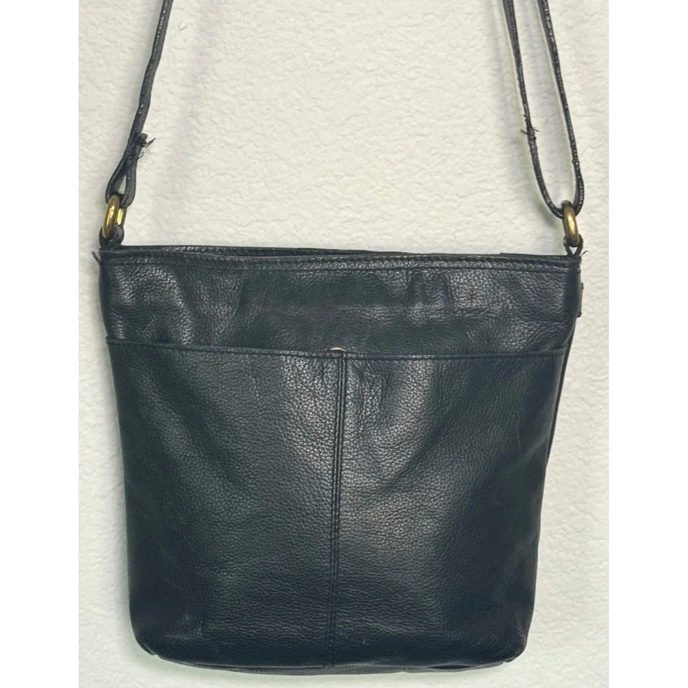 Born Black Leather Bucket Crossbody Shoulder Handbag Accent Stitching